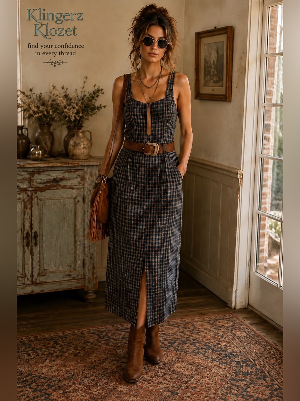 🌿 vintage Plaid Midi Dress with Front Slit 🌿